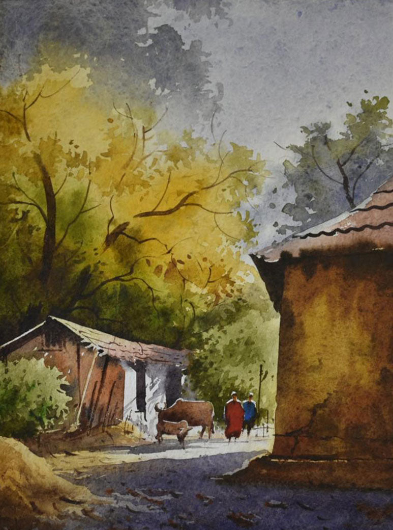 Village Landscape - Water Colour Painting