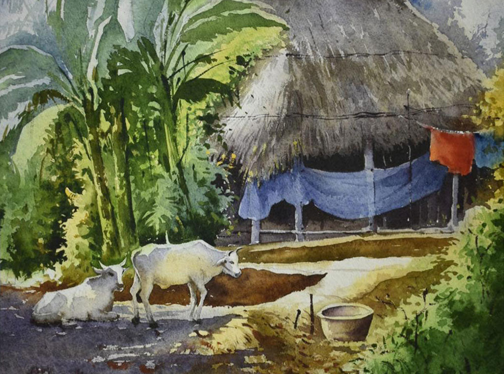 Village Landscape - Water Colour Painting