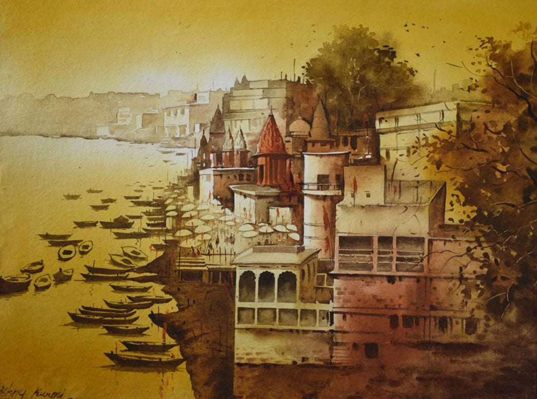 Beautiful Banaras Ghat - Water Colour Painting