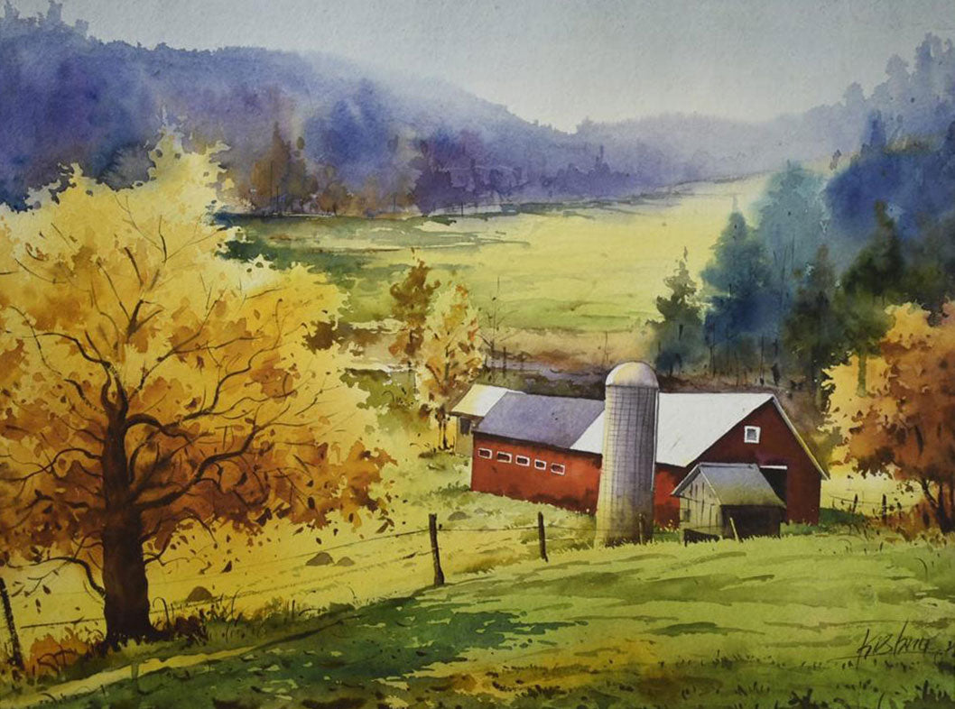 Beautiful village Landscape - Water Colour Painting