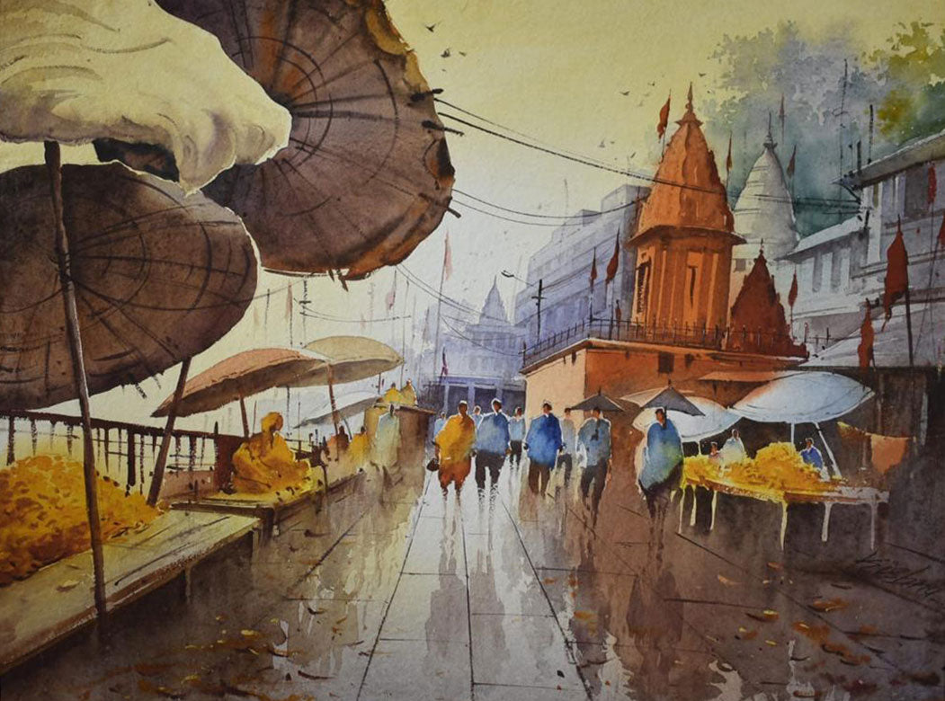 Umbrellas on Banaras Ghat - Water Colour Painting