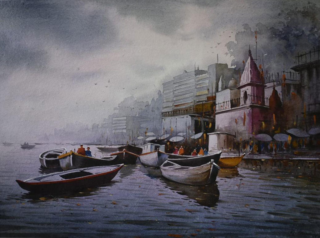 Beautiful Banaras Ghat -  Water Colour Painting