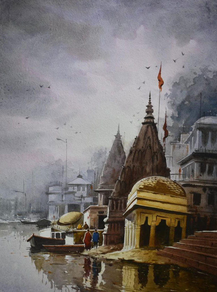 Beautiful Banaras Ghat in Monochrome -  Water Colour Painting