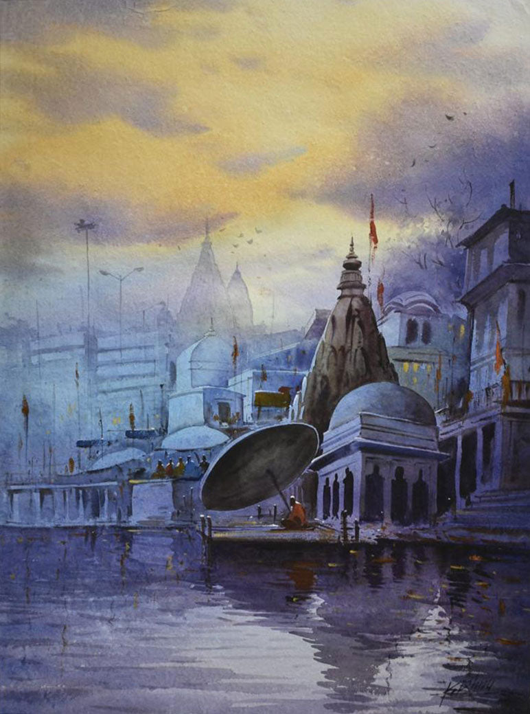 Beautiful Evening in Banaras Ghat -  Water Colour Painting