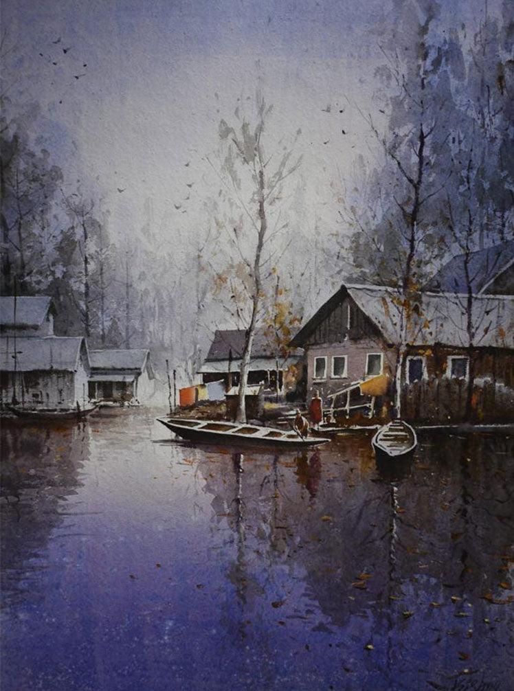 Beautiful Landscape Winter in Kashmir -  Water Colour Painting