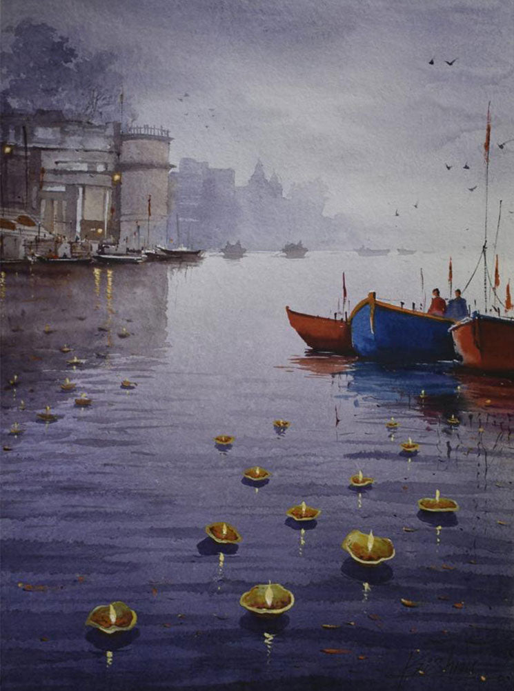 Beautiful Banaras Ghat Evening Deep Lighting -  Water Colour Painting