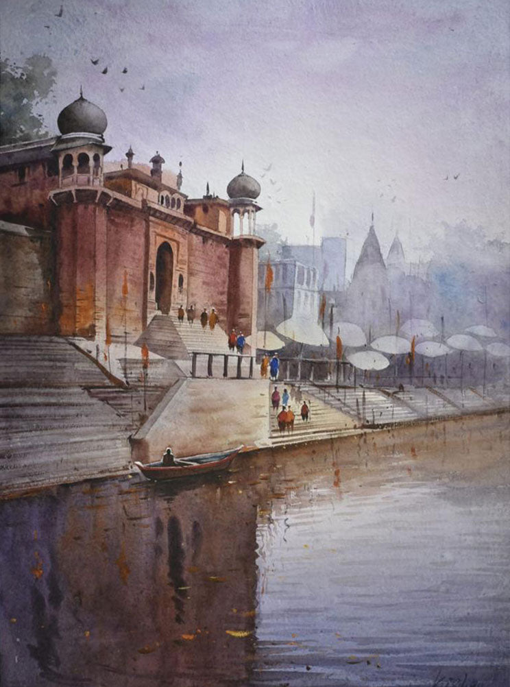 Beautiful Morning in Banaras Ghat -  Water Colour Painting