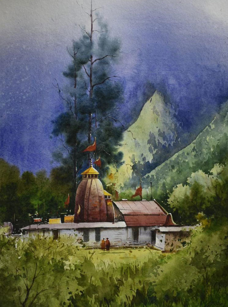 Beautiful Uttrakhand Village Temple - Water Colour Painting