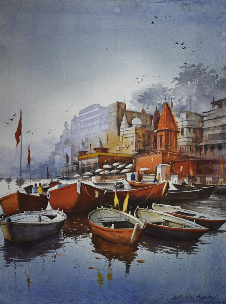 Beautiful Banaras Ghat - Water Colour Painting