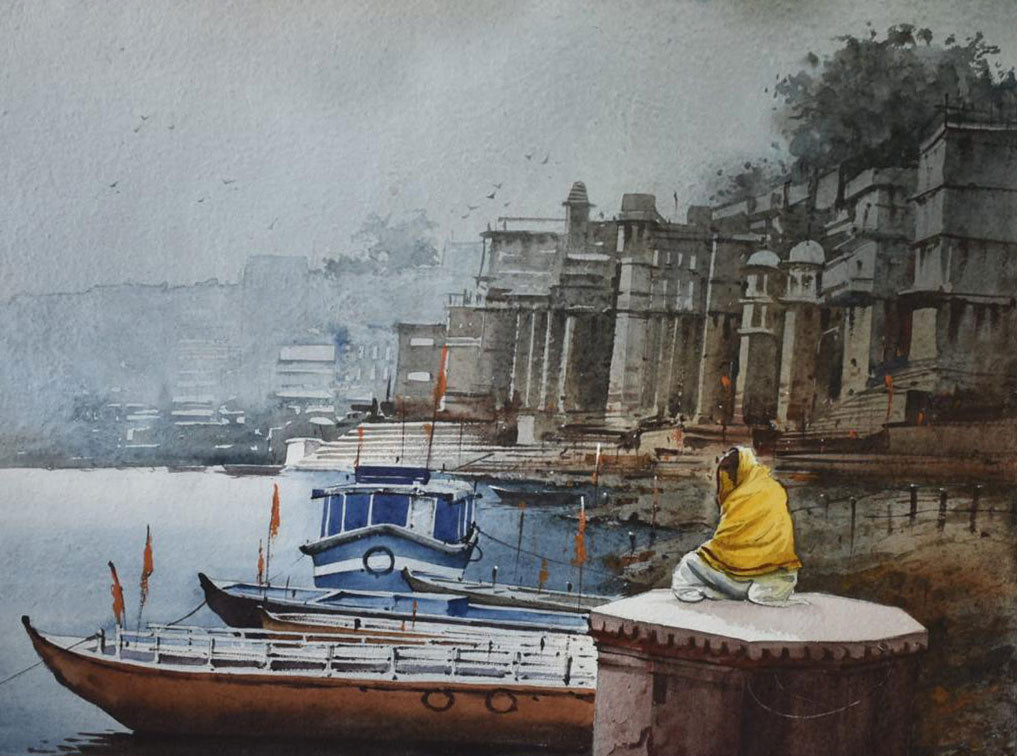 Meditation on Banaras Ghat Early Morning - Water Colour Painting