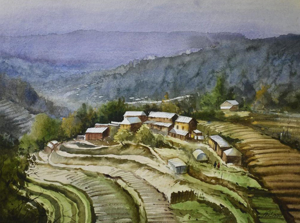 Beautiful Uttrakhand Village - Water Colour Painting