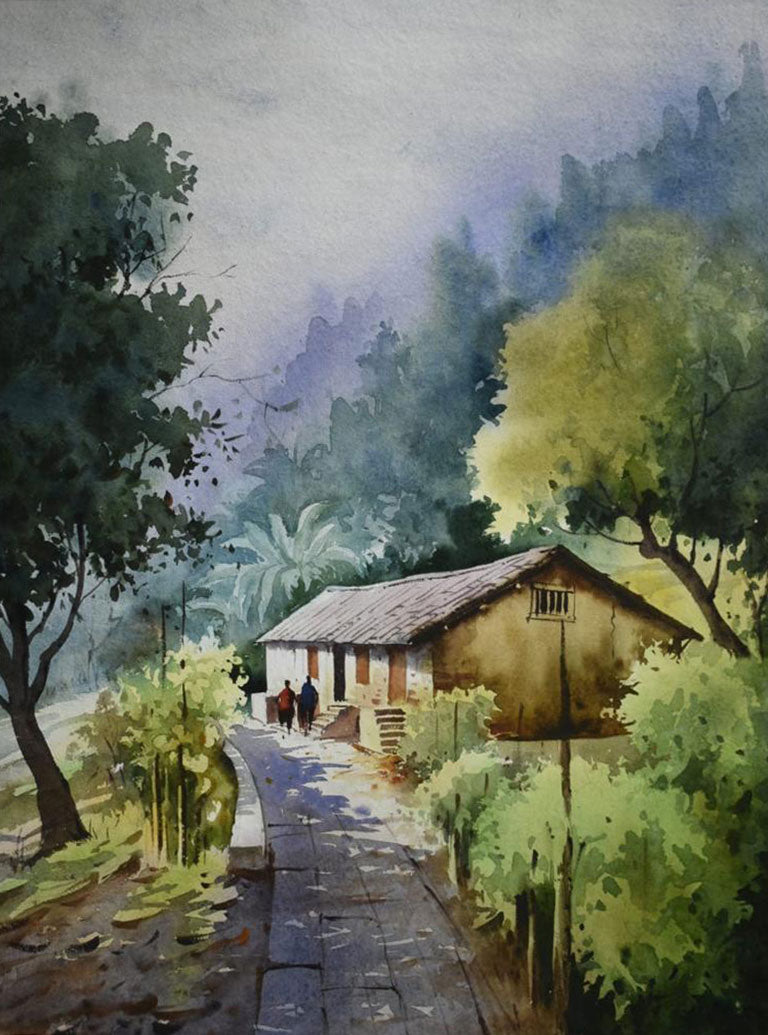 Beautiful Village Landscape - Water Colour Painting