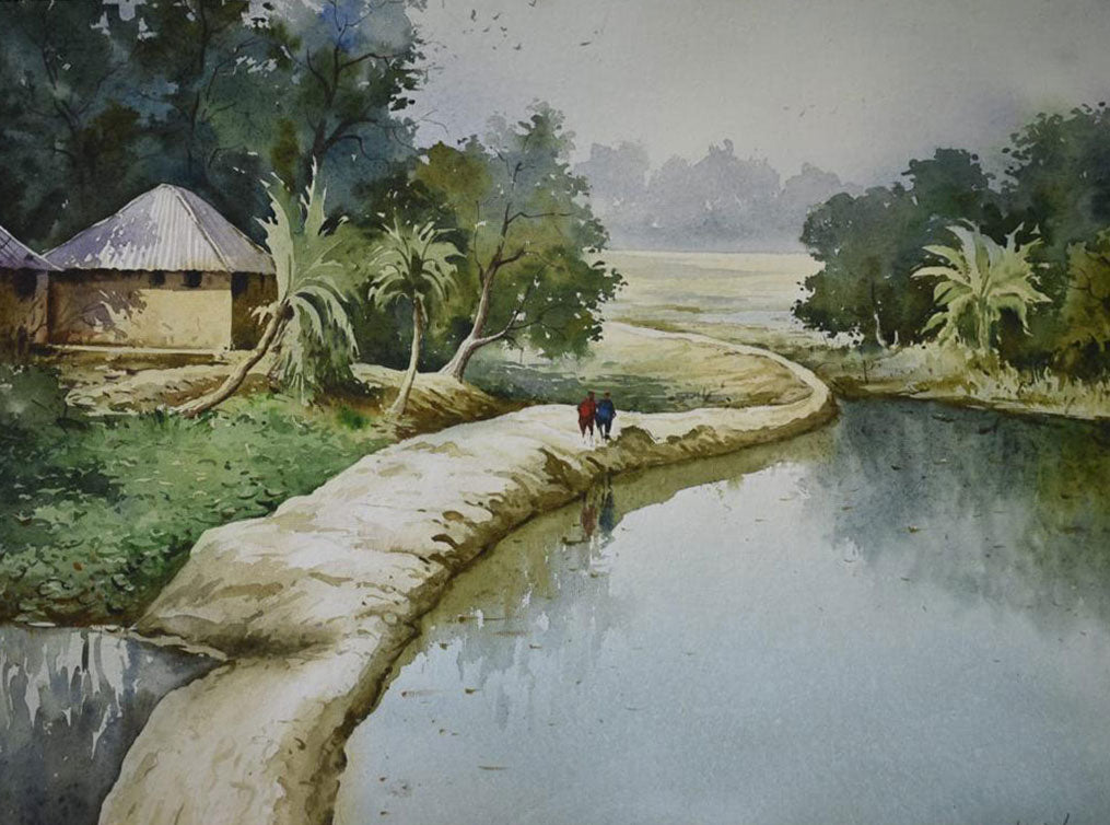 Village Landscape - Water Colour Painting