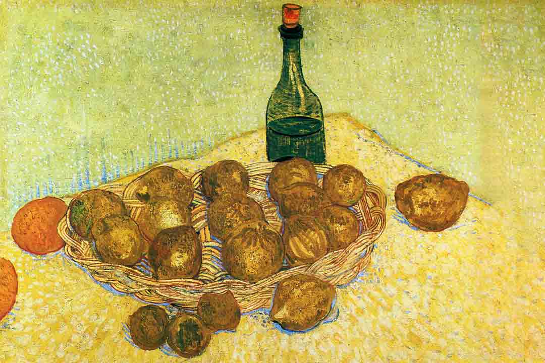 Basket Of Lemons And Bottle