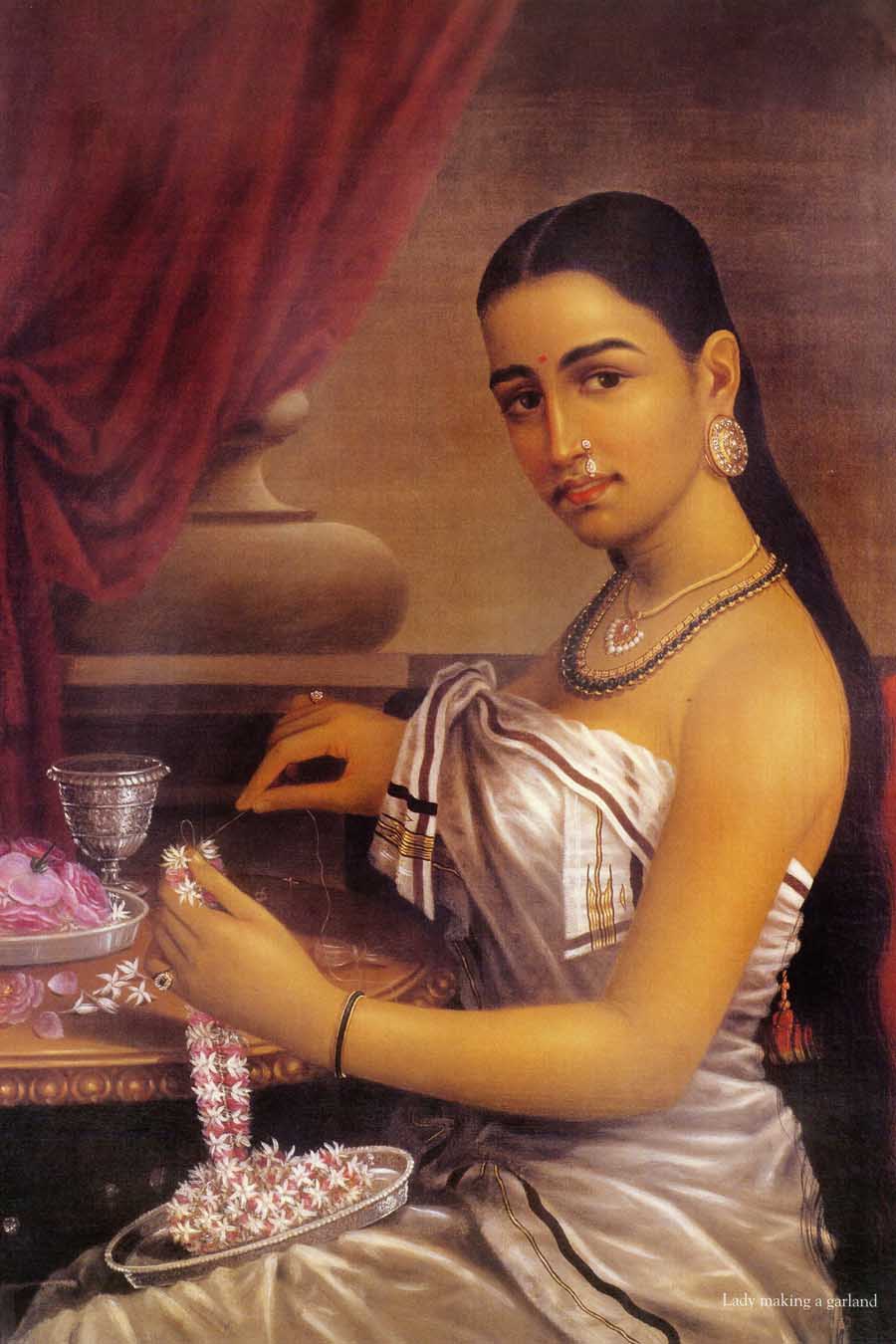 Lady making a garland by Raja Ravi Varma