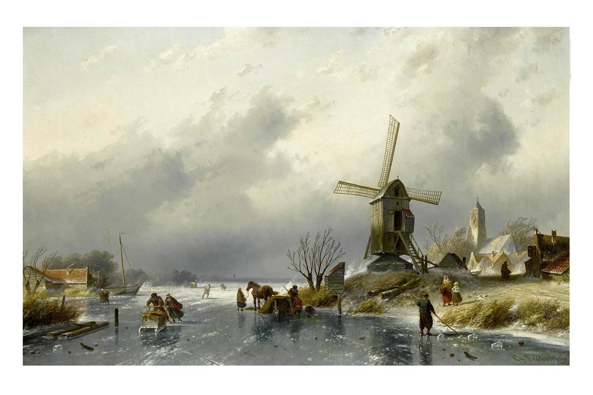 Dutch Village Scene With Figures On A Frozen Canal