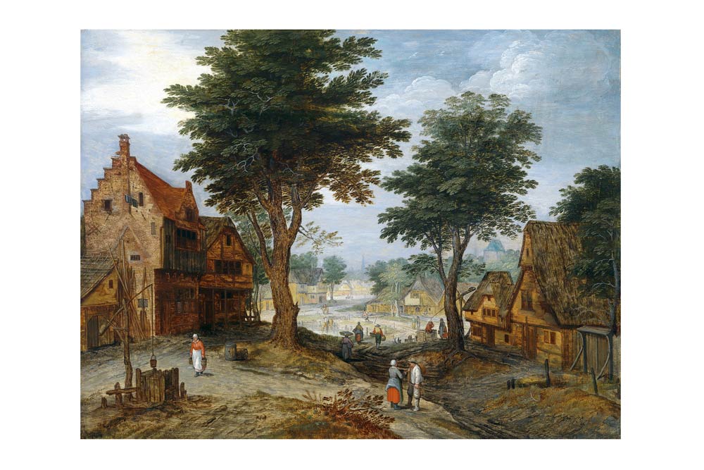 Bustling Village Landscape With Trees