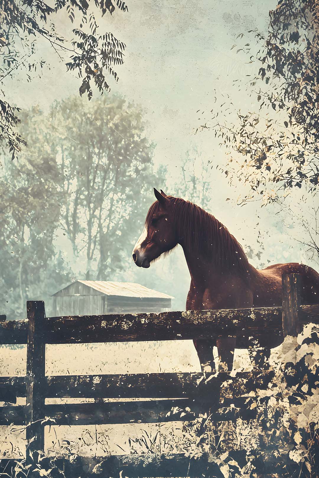 Brown Horse Standing Behind a Wooden Fence
