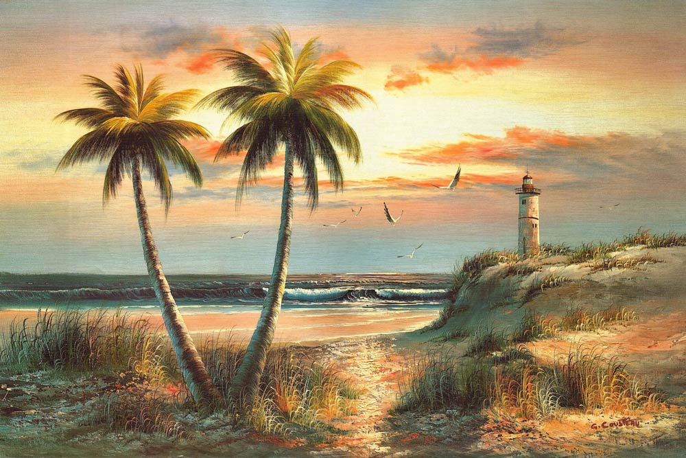 Palm Trees And Lighthouse At Sunset