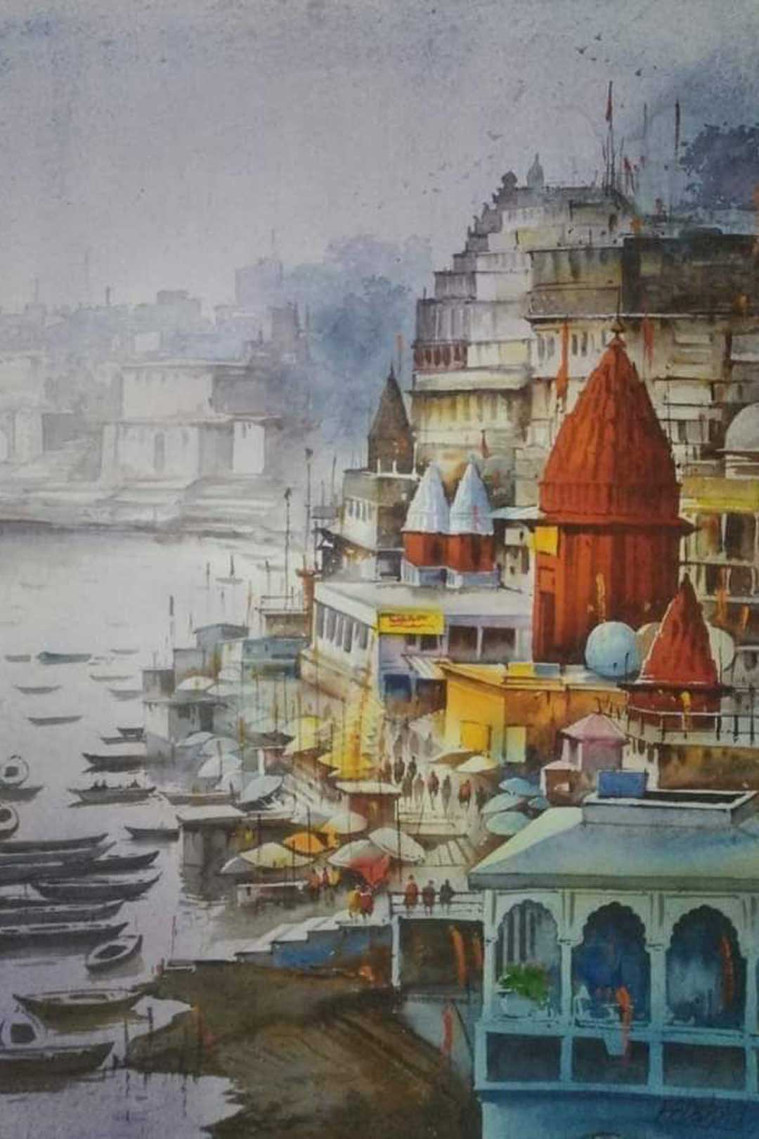 Top view of Banaras Ghat Water Color Painting