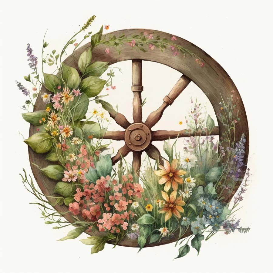 Rustic Elegance: Wooden Wheels and Floral Charms