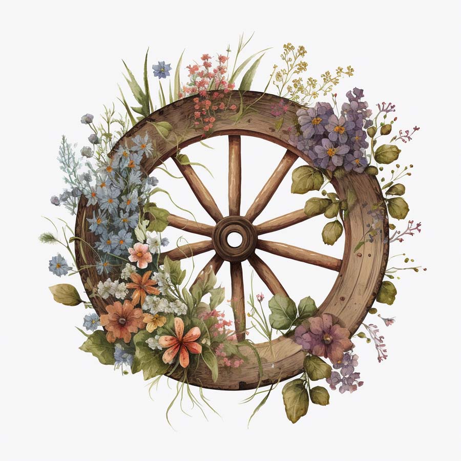 Rustic Elegance: Wooden Wheels and Floral Charms