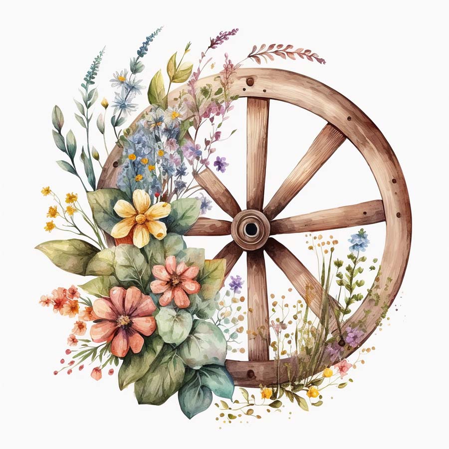Rustic Elegance: Wooden Wheels and Floral Charms