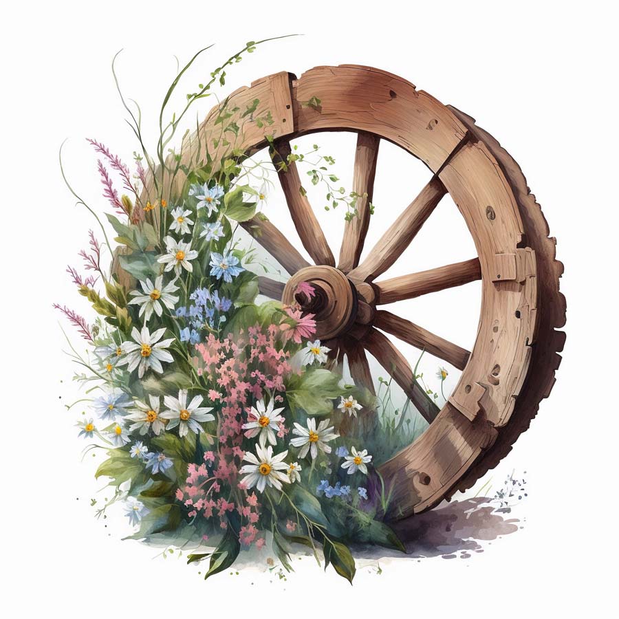 Rustic Elegance: Wooden Wheels and Floral Charms