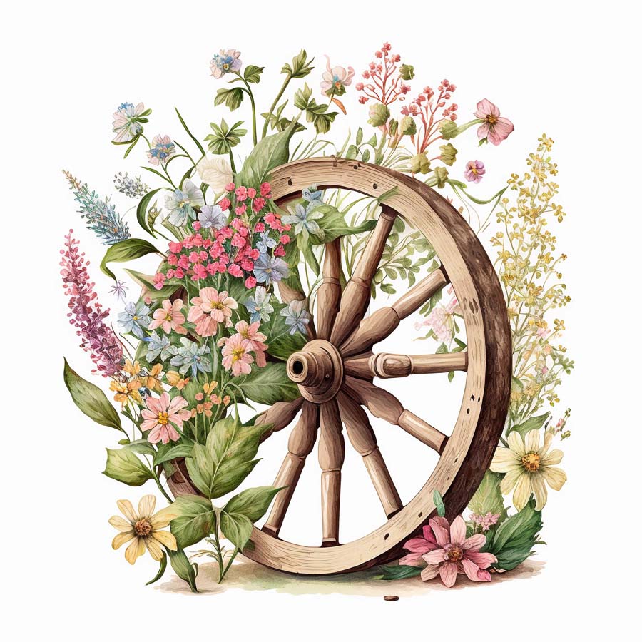 Rustic Elegance: Wooden Wheels and Floral Charms