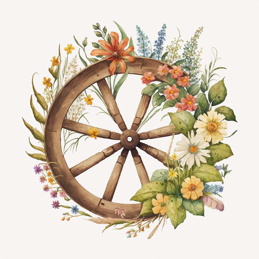 Rustic Elegance: Wooden Wheels and Floral Charms