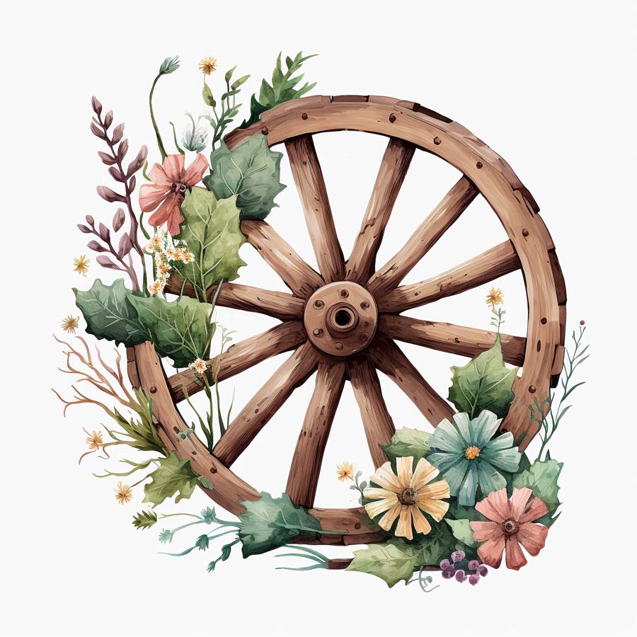Rustic Elegance: Wooden Wheels and Floral Charms