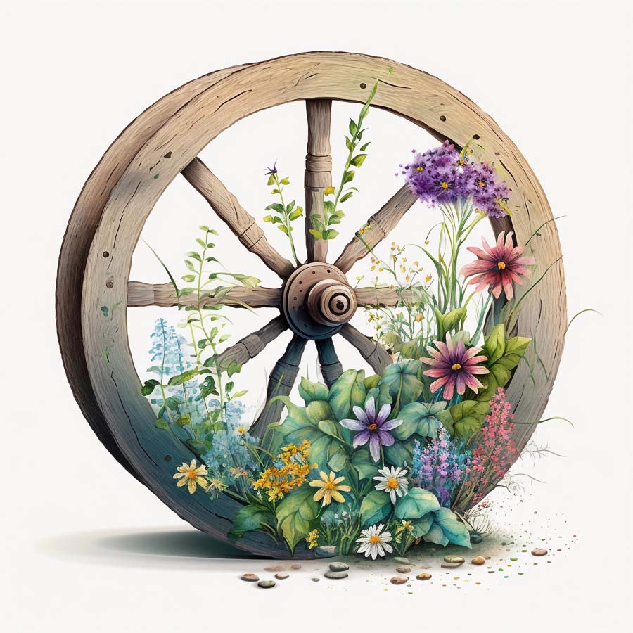 Rustic Elegance: Wooden Wheels and Floral Charms