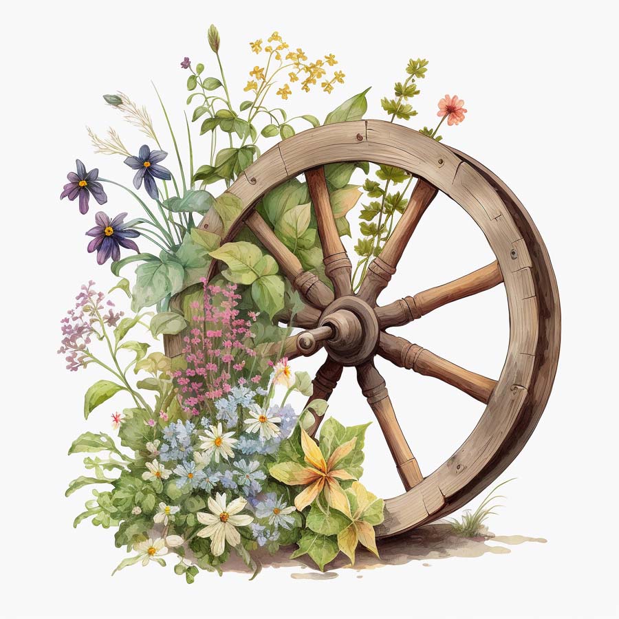 Rustic Elegance: Wooden Wheels and Floral Charms