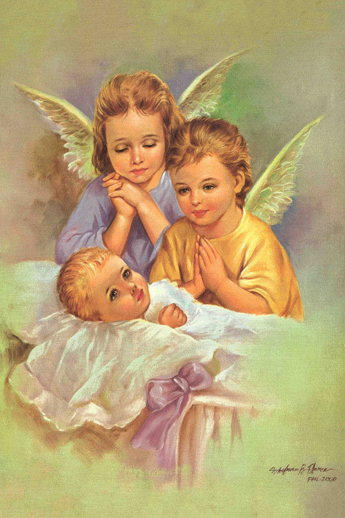 Guardian Angels With Baby In Crib