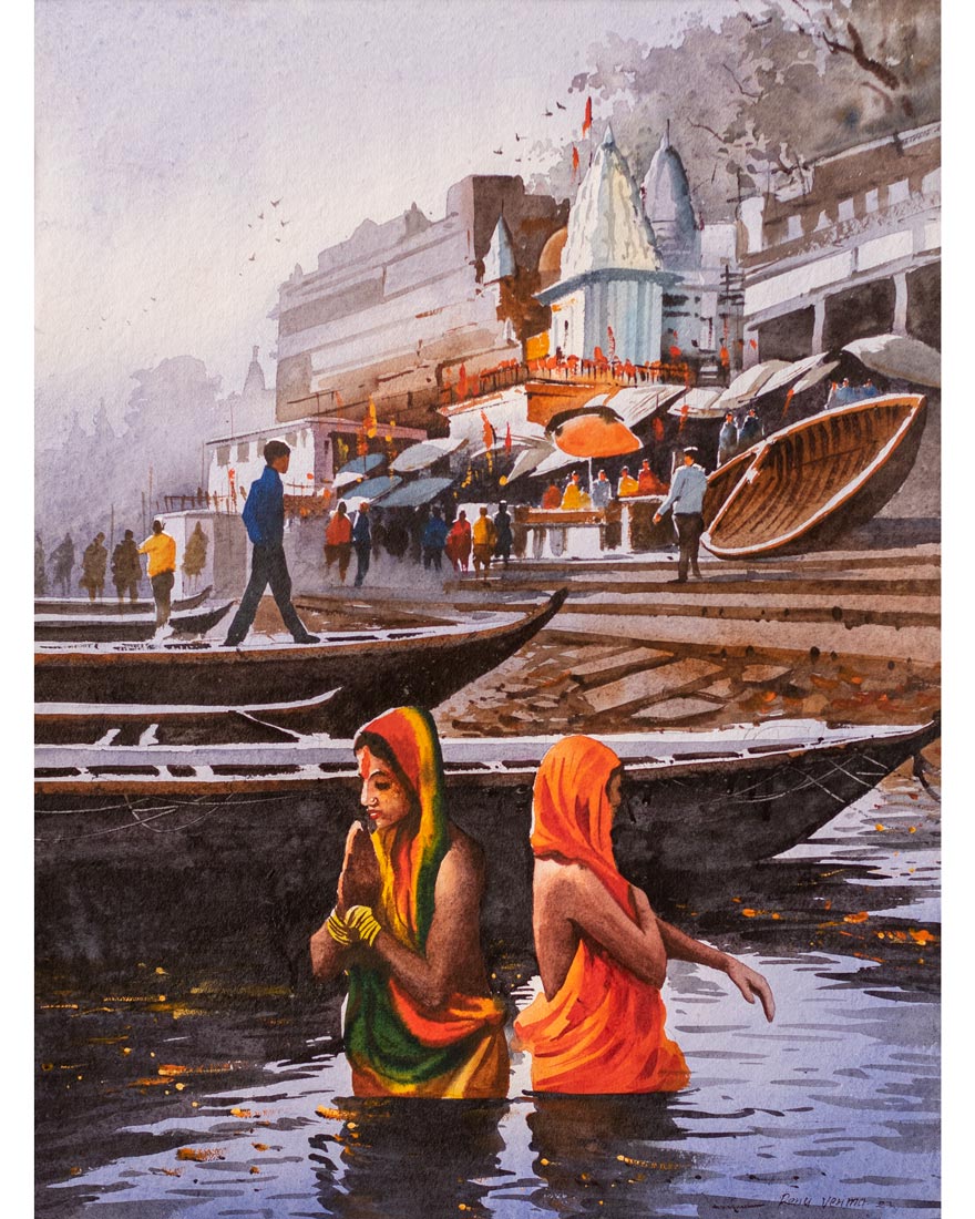 Holy Bath at Banaras Ghat - Water Colour Painting