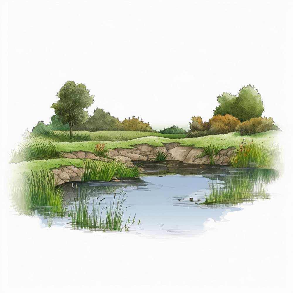 Pond Filled with Green Grassy Bank
