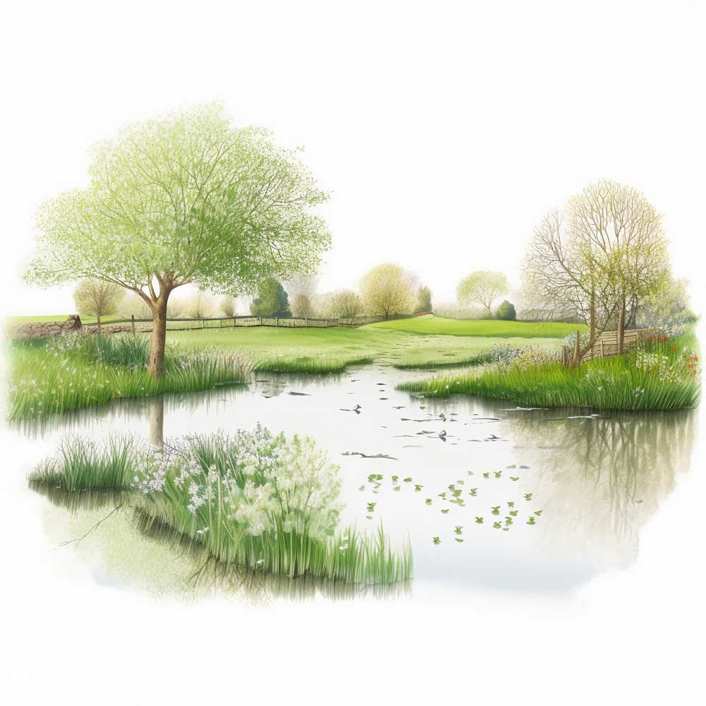 Pond Filled with Green Grassy Bank