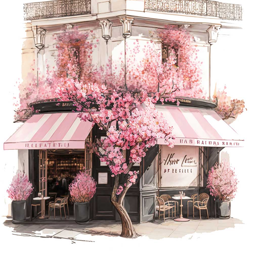 Flowers in Front of Coffee Shop Print