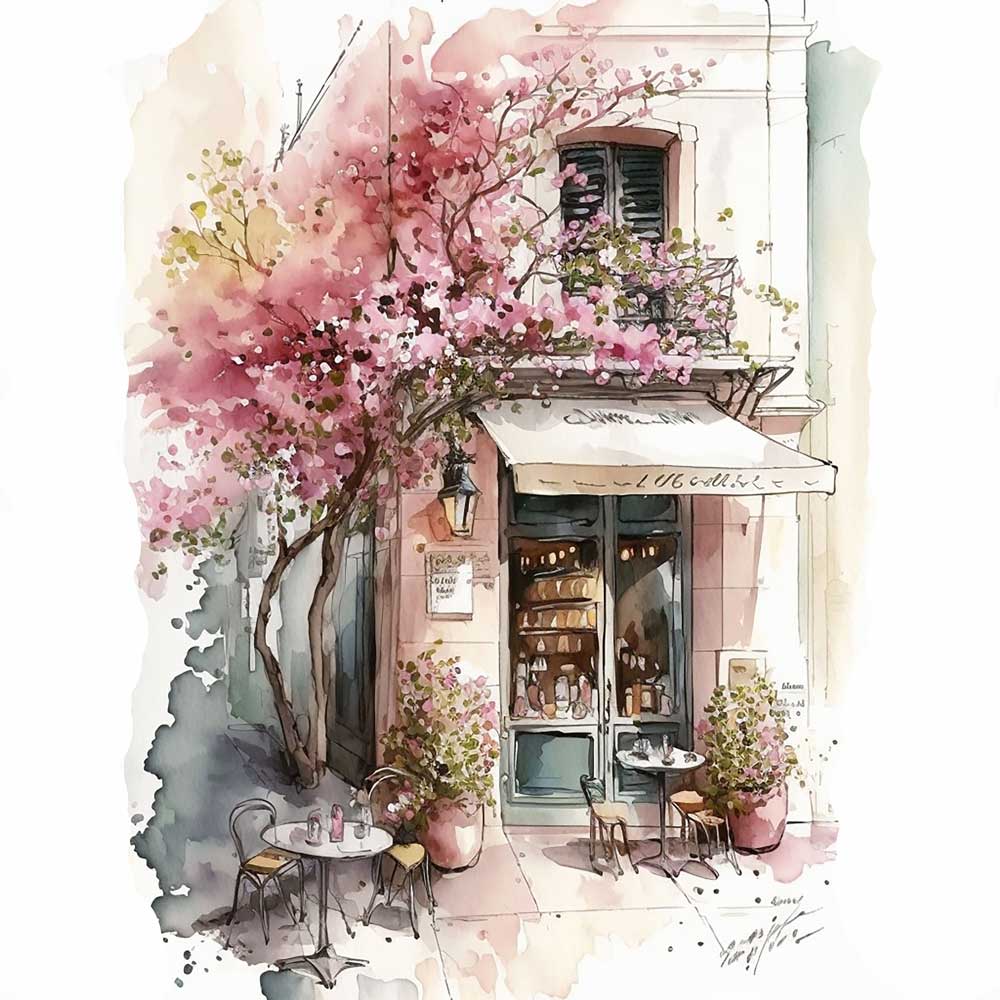 Flowers in Front of Coffee Shop Print