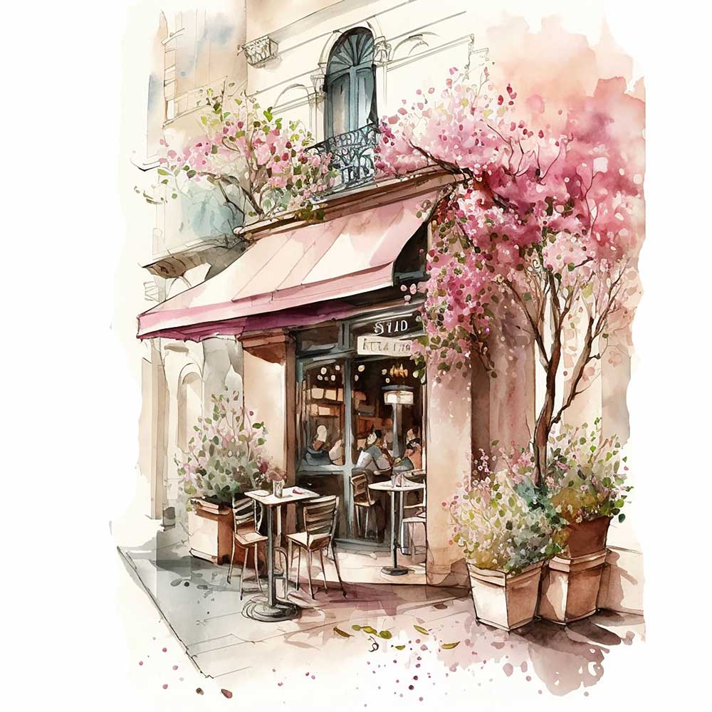 Flowers in Front of Coffee Shop Print