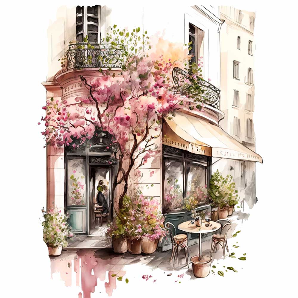 Flowers in Front of Coffee Shop Print