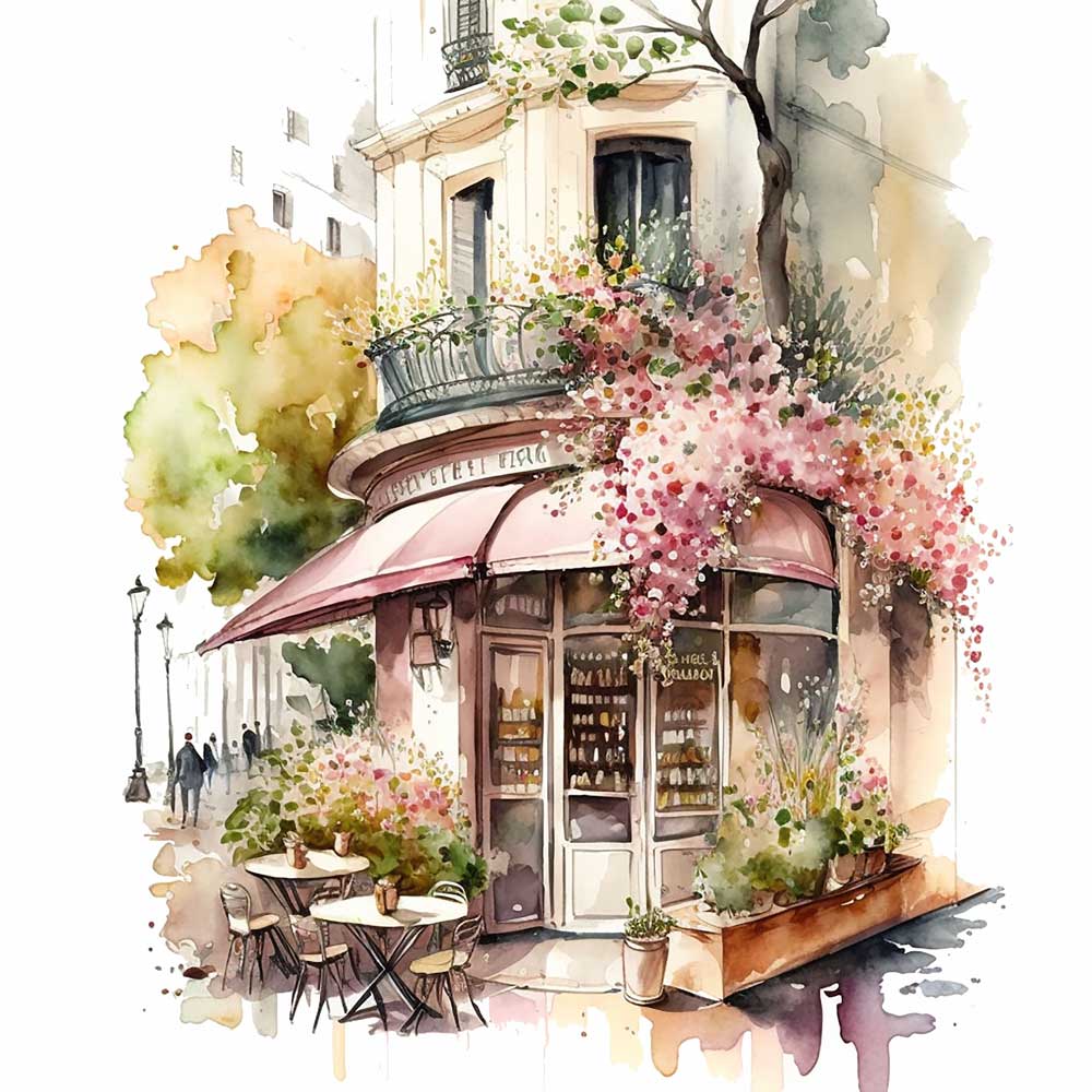 Flowers in Front of Coffee Shop Print