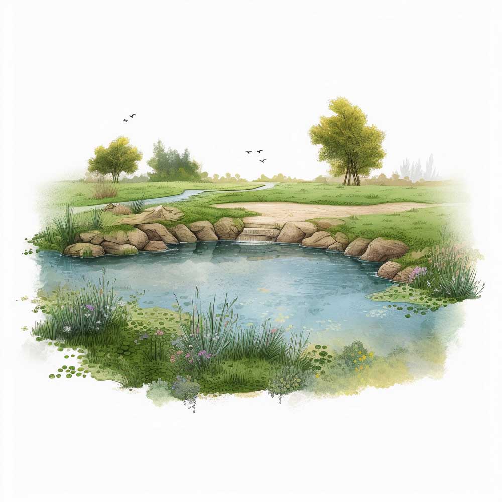 Pond Filled with Green Grassy Bank