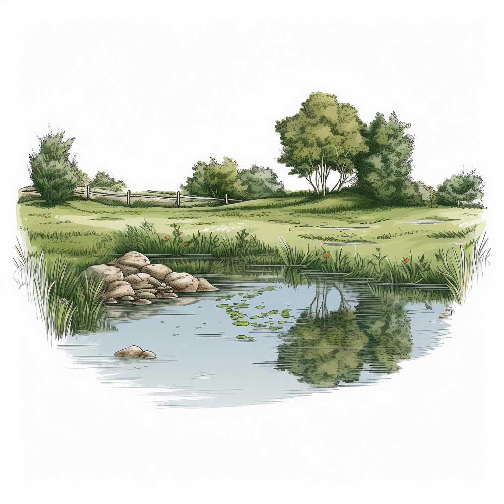 Pond Filled with Green Grassy Bank