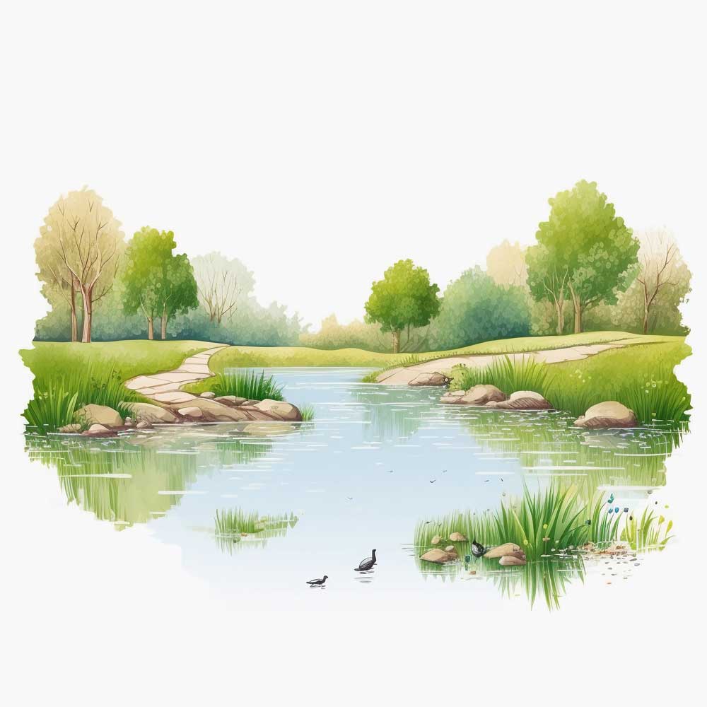 Pond Filled with Green Grassy Bank