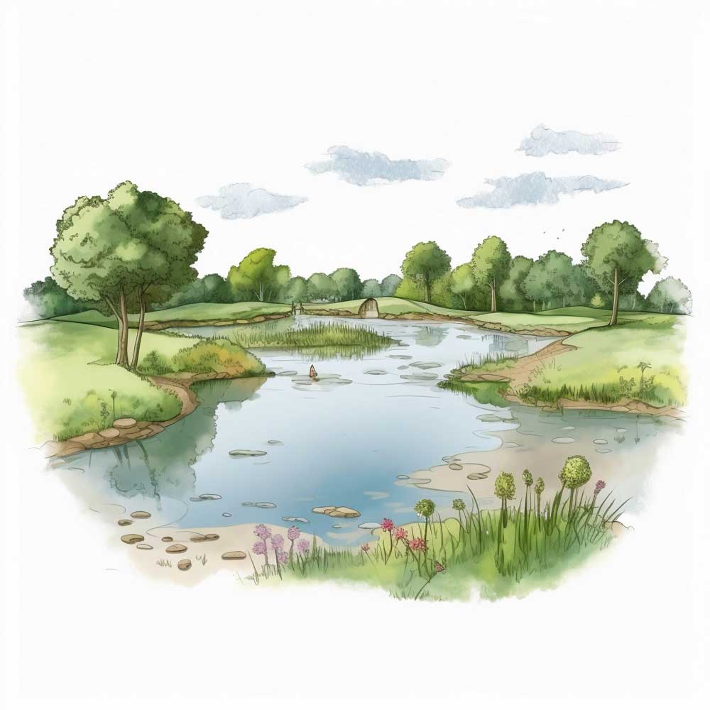 Pond Filled with Green Grassy Bank